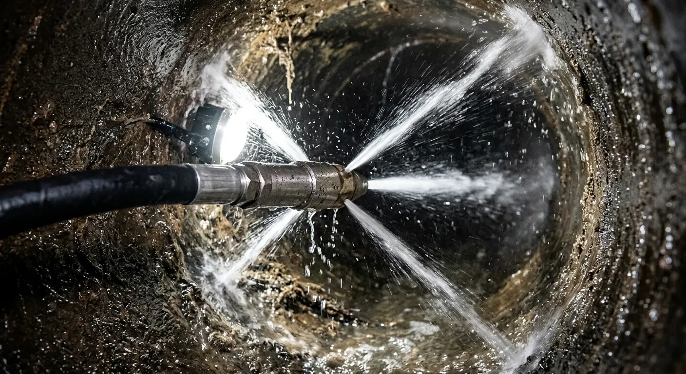 High-pressure hydro jetting nozzle cleaning sewer pipe for Sewer Cleanout in Hilmar-Irwin