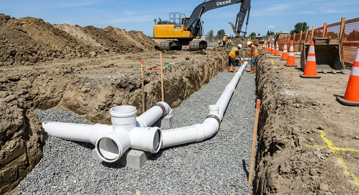 New PVC sewer pipe installation in open trench for Sewer Backup in Hilmar-Irwin