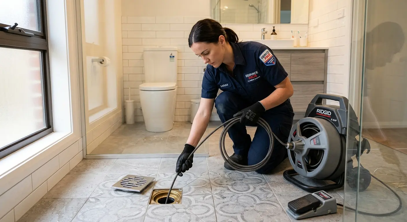 Technician clearing a bathroom floor drain for Drain Cleaning in Hilmar-Irwin